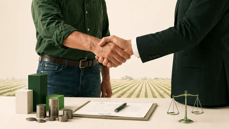 Produtor rural e representante de banco apertando as mãos sobre contrato